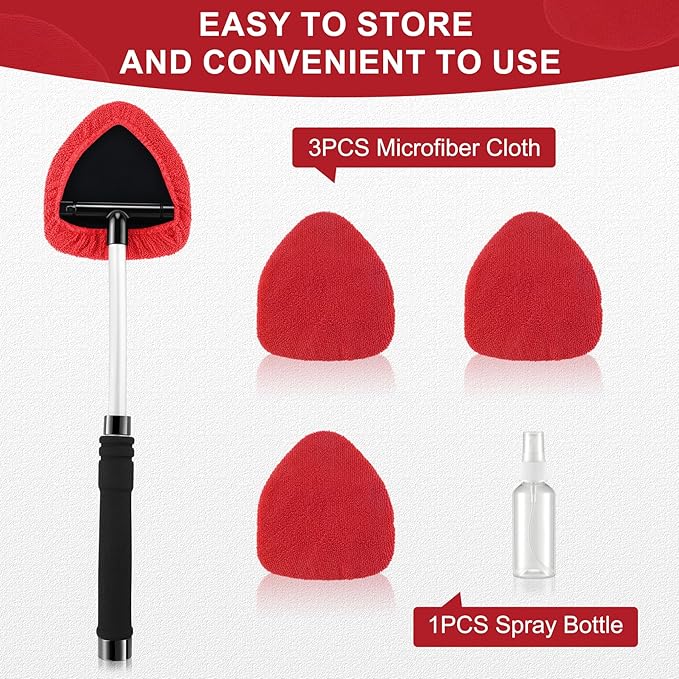 JUSTTOP Windshield Cleaner Tool, Car Interior&Exterior Window Cleaning Tool with Extendable Handle & 4 Reusable Microfiber Pads, Auto Glass Wiper Brush Kit for Cars (Red)