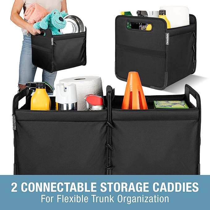 CleverMade Double Trunk Caddy 46L – Collapsible Trunk Organizer for SUV with Flex-Frame Structure, Connectable Car Storage Basket for Groceries & Cargo – Midnight Black