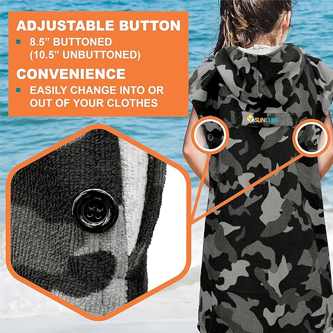 SUN CUBE Kids Changing Robe Surf Poncho, Kids Beach Towels for Teens, Microfiber Hooded Wearable Swim Towel Boys Girls Teenagers