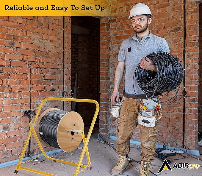 AdirPro Single Axle Cable Reel Caddy | Industrial Steel Wire Dispenser with Adjustable Spindle | Holds Reels Up to 20 in Diameter & 100 lb | Portable Design | Yellow