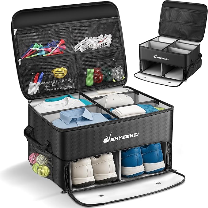 Golf Trunk Organizer, Improved Version 2-Layer Golf Storage Locker, with Ventilated Shoe Compartment, Waterproof & Eco-Friendly Golf Organizer for Car Trunk, Travel, and Daily Use