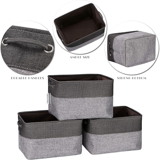 Sea Team 3-Pack Large Storage Basket Set, Trunk Organizer, Clothes Toys Bin, 15 x 10 x 10 Inches, Big Rectangular Canvas Fabric Collapsible Shelf Box with Handles for Kids Room (Grey/Black)