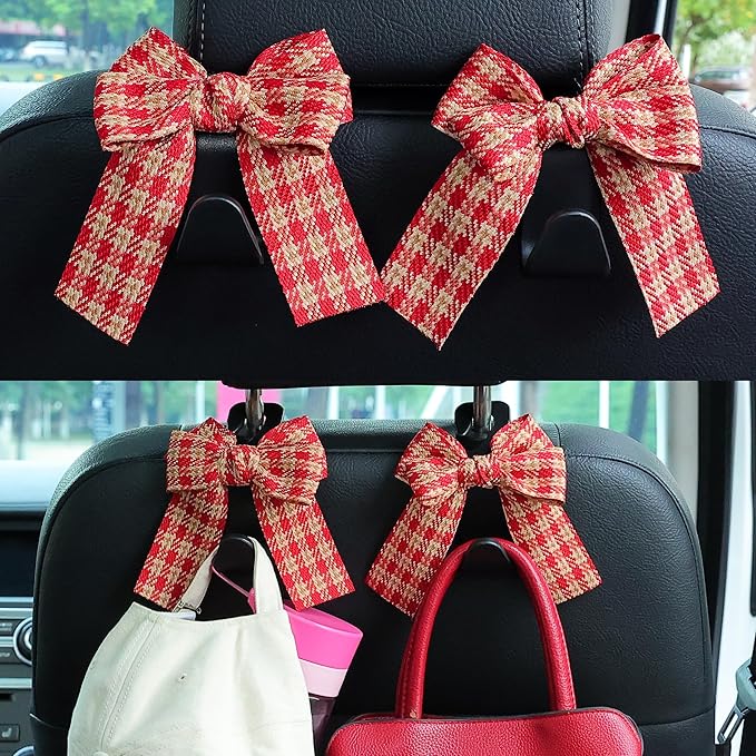 Amooca Car Seat Headrest Hook Cute Bowknot Vehicle Hanger Car Storage Organizer for Handbag Purse Coat Grocery Bag Black Red Plaid