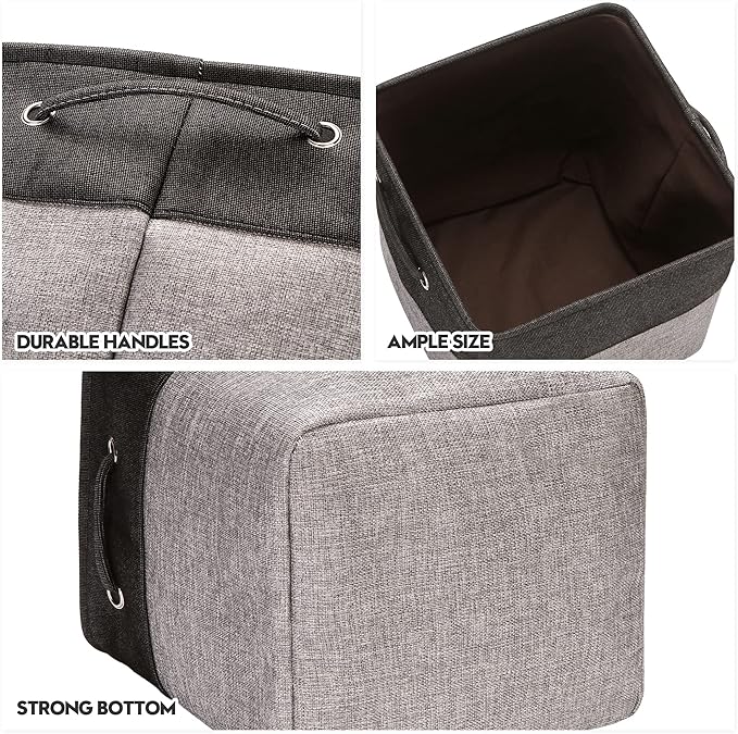 Sea Team 3-Pack Cubic Storage Basket Set, Storage Cube Organizer, Clothes Toys Bin, 11 x 11 x 11 Inches, Big Square Canvas Fabric Collapsible Shelf Box with Handles for Kids Room (Grey/Black)