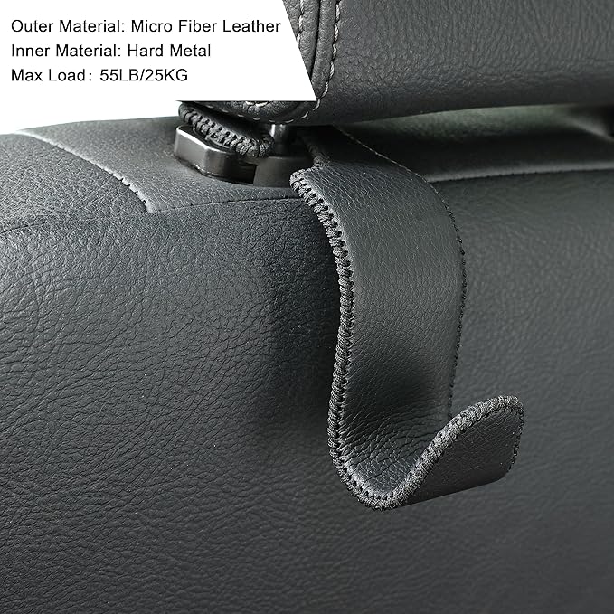 Amooca Car Seat Headrest Hook 4 Pack Metal Core Hanger Universal Car Storage Organizer for Handbag Purse Coat S Type Leather Black