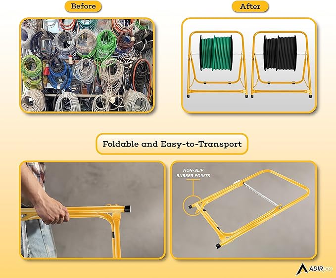 AdirPro Single Axle Cable Reel Caddy | Industrial Steel Wire Dispenser with Adjustable Spindle | Holds Reels Up to 20 in Diameter & 100 lb | Portable Design | Yellow