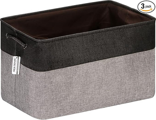 Sea Team 3-Pack Extra Large Storage Basket Set, Trunk Organizer, Clothes Toys Bin, 22 x 15 x 13 Inches, Rectangular Canvas Fabric Collapsible Shelf Box with Handles for Kids Room (Grey/Black)