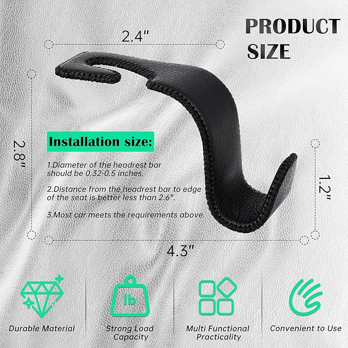 Amooca Car Seat Headrest Hook Universal Vehicle Storage Hanger Leather with Metal Car Seat Back Organizer for Handbag Purse Coat Black 2 Pack