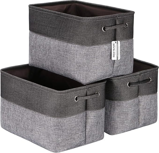 Sea Team 3-Pack Large Storage Basket Set, Trunk Organizer, Clothes Toys Bin, 15 x 10 x 10 Inches, Big Rectangular Canvas Fabric Collapsible Shelf Box with Handles for Kids Room (Grey/Black)