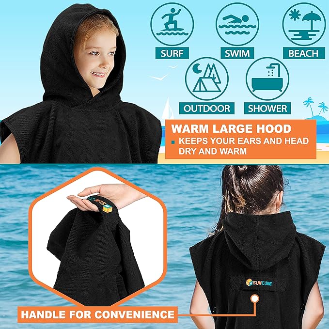 SUN CUBE Kids Changing Robe Surf Poncho, Kids Beach Towels for Teens, Microfiber Hooded Wearable Swim Towel Boys Girls Teenagers