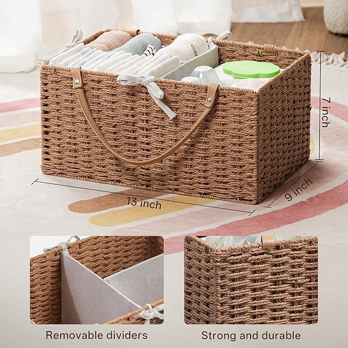 Angelhood Paper Rope Diaper Caddy, Baby Essentials Organizer, Portable Baby Shower Baskets Gift Bin, Car Storage Bag for Nursery