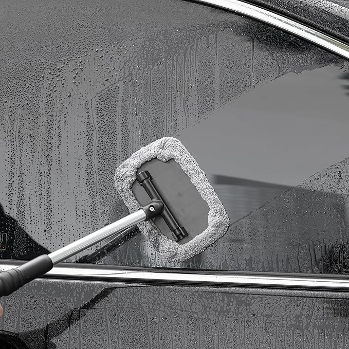 Polyte Pivoting Windshield Glass Cleaning Tool Extendable Aluminum Handle w/3 Premium Microfiber Covers