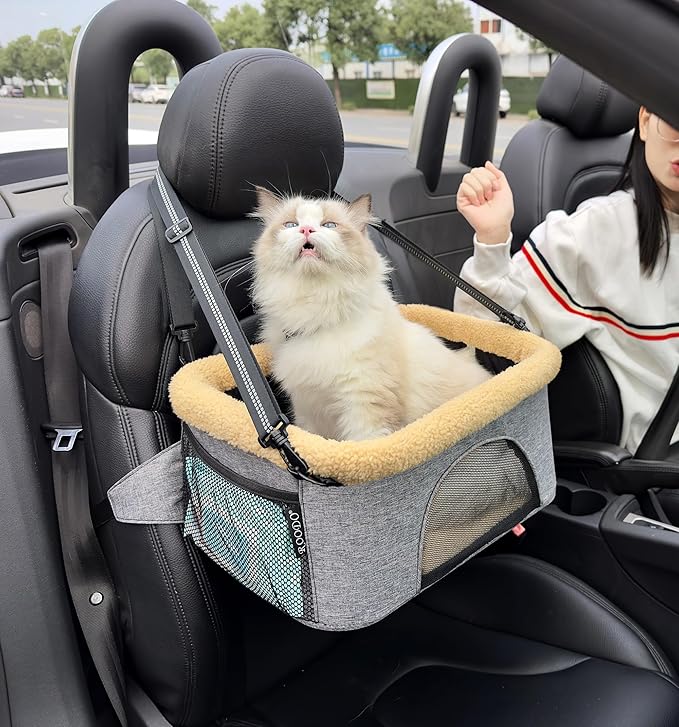 ROODO Deluxe Dog Booster Seat with Height-Adjustable Foldable Metal Frame and Safety Leash,Portable Pet Car Seat for Under 20lb Puppy Cats with Plush Thick Cushion Mesh Window Pockets(Cation Gray