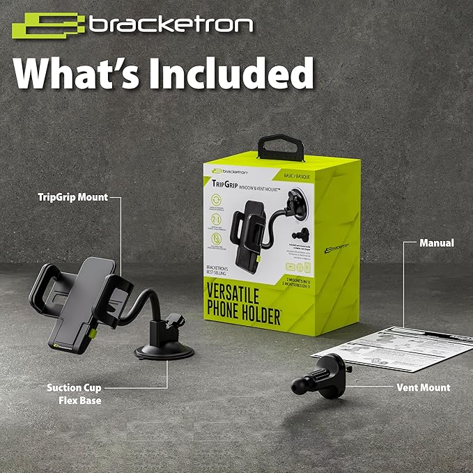 Bracketron TripGrip Window and Vent Mount, GPS Car Mount, Windshield Cell Phone Holder for Car, Includes Vent Clip