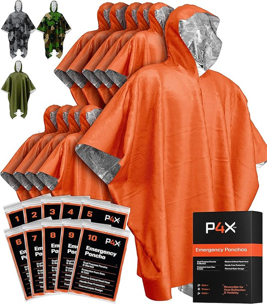 PREPARED4X Emergency Mylar Poncho – Survival Rain Poncho with Hood – Lightweight, Compact, Reusable Emergency Blanket Poncho for Hiking, Camping, Thermal Gear, Car Kit, Outdoors