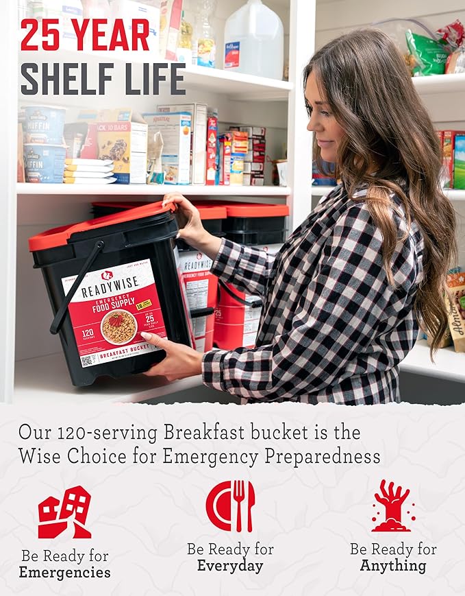 ReadyWise Emergency Food Supply - 120 Servings Breakfast Bucket, Freeze Dried & Dehydrated Meals, Survival Food Kit for Backpacking, Camping Essentials & Prepping Supplies, up to 25 Year Shelf Life