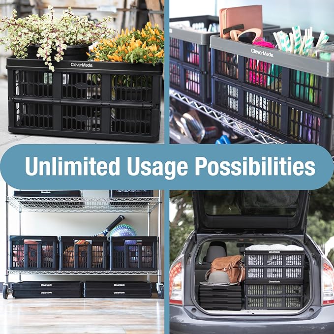 CleverMade Collapsible Utility Crates 45L (3 Pack) – Foldable Plastic Crates with Heavy Duty 66 lb Capacity, Collapsible Crates for Storage, Trunk Organization, Moving - Stone