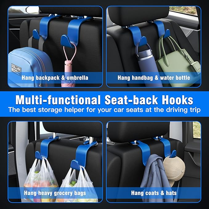 Amooca Car Seat Headrest Hook 4 Pack Hanger Universal Vehicle Car Storage Organizer for Handbag Purse Coat S Type Blue