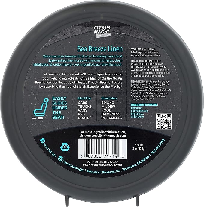 Citrus Magic On The Go Odor Absorbing Solid Air Freshener, Sea Breeze Linen, 8-Ounce, Pack of 2