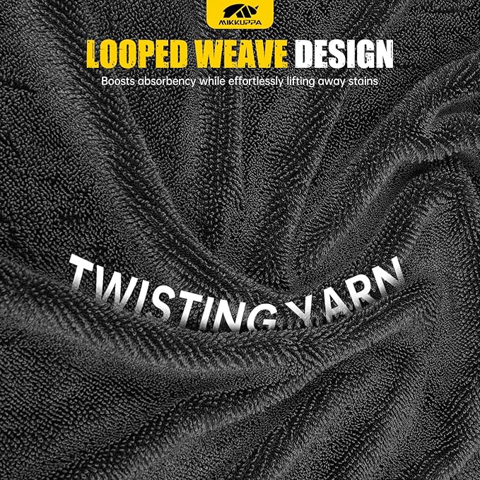 MIKKUPPA Microfiber Towels for Cars - 3-Pack Extra Large Car Drying Towel with Twisting Yarn Technique, Ultra Absorbent Scratch-Free Twisted-Loop Car Wash Towels with Interior Detailing Brush