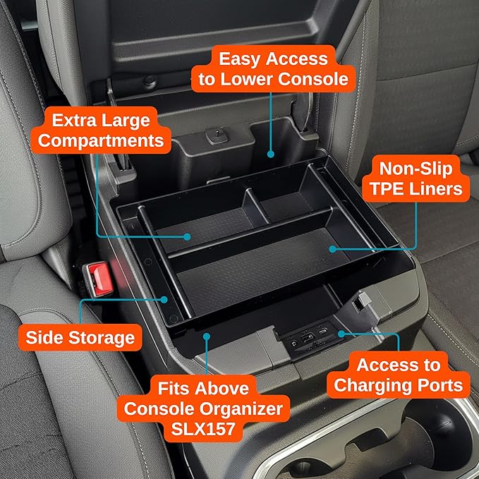 Vehicle OCD Center Console Organizer Tray for Chevy Silverado 1500 / GMC Sierra 1500 (2019-2021) & 2500/3500 HD (2020-2023) (Full Console w/Bucket Seats ONLY) - Made in USA - SLX153