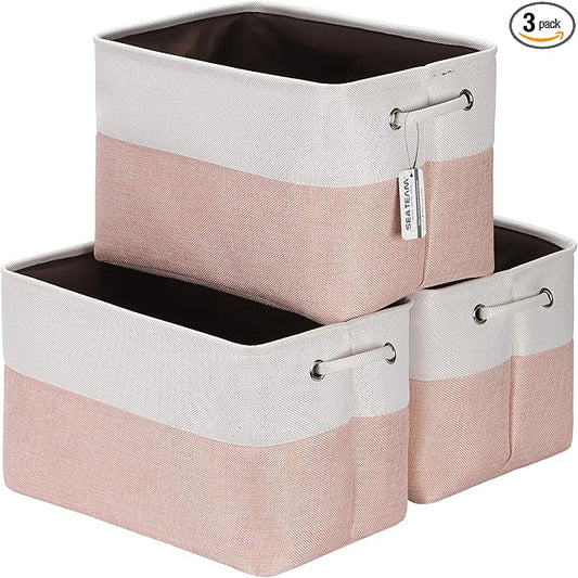 Sea Team 3-Pack Large Storage Basket Set, Trunk Organizer, Clothes Toys Bin, 15 x 10 x 10 Inches, Big Rectangular Canvas Fabric Collapsible Shelf Box with Handles for Kids Room (Pale Blush/White)