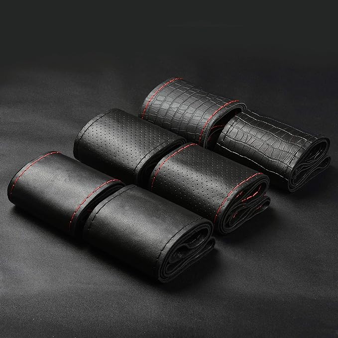 BMLEI Universal Car Steering Wheel Cover with Top Genuine Leather, Anti-Slip Design and Soft Padding, Stitching Style (Black Leather with red Thread)