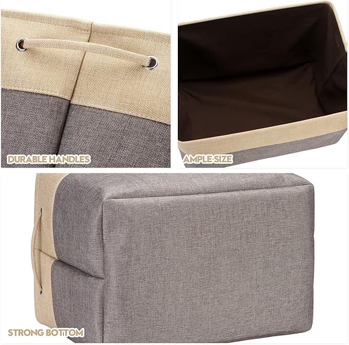 Sea Team 3-Pack Extra Large Storage Basket Set, Trunk Organizer, Clothes Toys Bin, 22 x 15 x 13 Inches, Rectangular Canvas Fabric Collapsible Shelf Box with Handles for Kids Room (Grey/Beige)