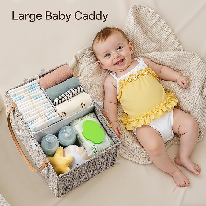 Angelhood Large Paper Rope Diaper Caddy, Baby Essentials Organizer, Portable Baby Shower Baskets Gift Bin, Car Storage Bag for Nursery