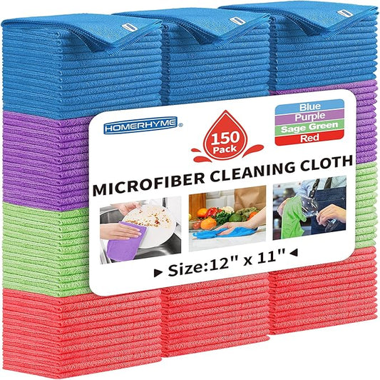 HOMERHYME Microfiber Cleaning Cloth, 150 Pack Cleaning Rags,12" X 11" Lint Free Dish Towels Wash Cloths, Reusable Microfiber Towels for Home and Kitchen Bathroom Apartment Cleaning Supplies, Assorted