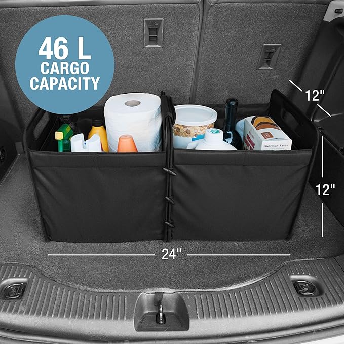 CleverMade Double Trunk Caddy 46L – Collapsible Trunk Organizer for SUV with Flex-Frame Structure, Connectable Car Storage Basket for Groceries & Cargo – Midnight Black