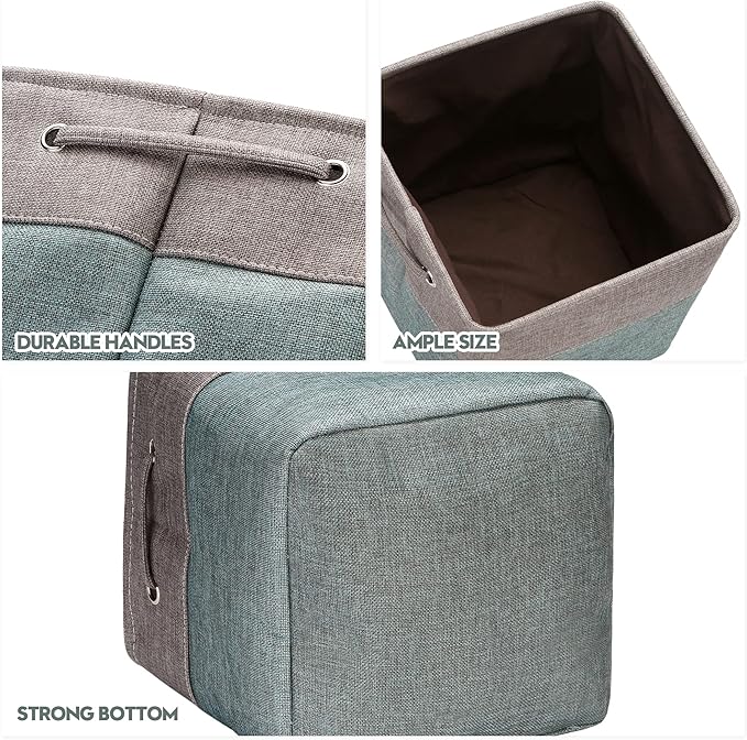 Sea Team 3-Pack Cubic Storage Basket Set, Storage Cube Organizer, Clothes Toys Bin, 11 x 11 x 11 Inches, Big Square Canvas Fabric Collapsible Shelf Box with Handles for Kids Room (Grey/Stone Blue)