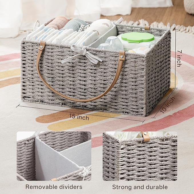 Angelhood Large Paper Rope Diaper Caddy, Baby Essentials Organizer, Portable Baby Shower Baskets Gift Bin, Car Storage Bag for Nursery