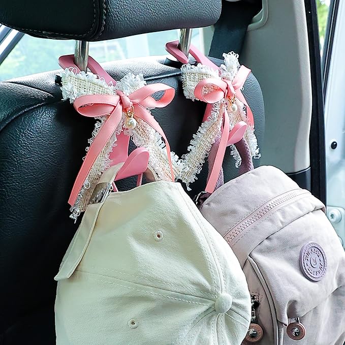 Amooca Car Seat Headrest Hook Cute Bowknot Vehicle Hanger Car Storage Organizer for Handbag Purse Coat Grocery Bag Pink White