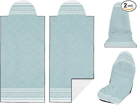 2 Pack Car Seat Towel Covers, Sweat Protector for Front Seats, Premium Thickened Microfiber with Boho Geometric, Breathable & Quick Dry, Slip-on Headrest Pocket for Gym, Beach, Running (Light Blue)