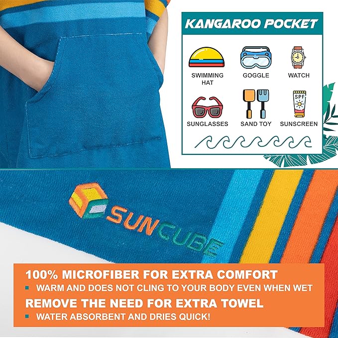 SUN CUBE Kids Changing Robe Surf Poncho, Kids Beach Towels for Teens, Microfiber Hooded Wearable Swim Towel Boys Girls Teenagers