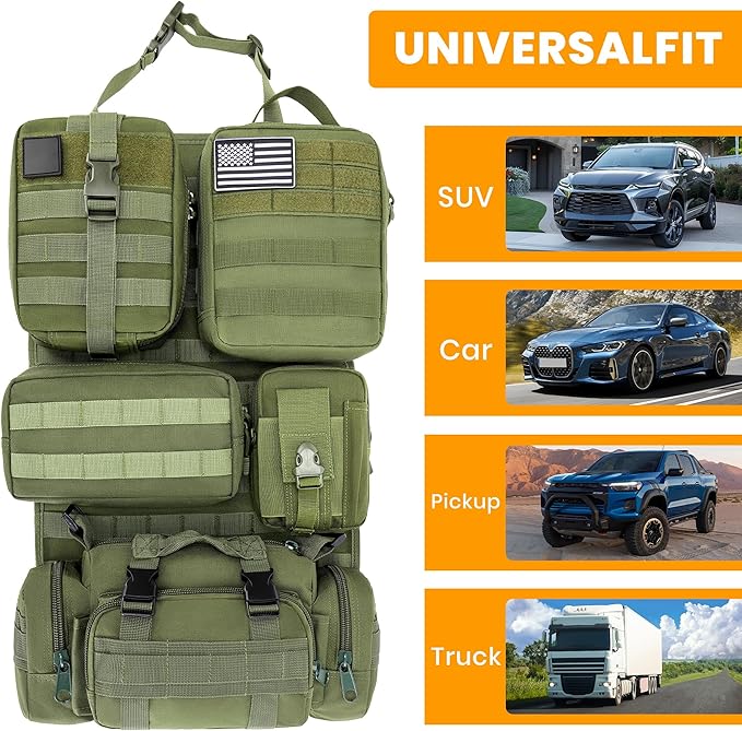 6 Pack Tactical MOLLE Car Seat Back Organizer - Universal Vehicle Storage Bag with 5 Detachable MOLLE Pouches, US Flag Patch & Keychain, Fits Jeep, Truck, SUV, Car, (Grenn)
