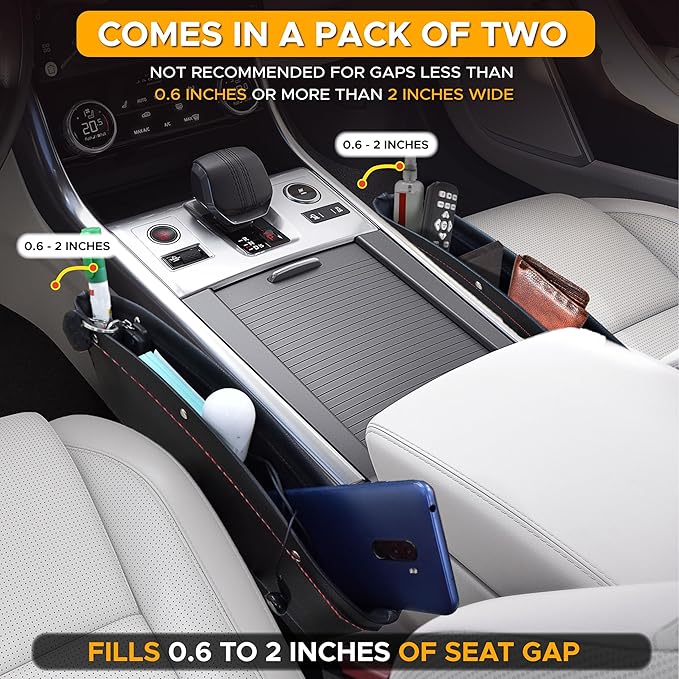 EcoNour 2 in 1 Car Seat Gap Organizer | Front Car Seat Crevice Storage Box | Car Seat Gap Filler Helps to Reduce Distracted Driving & Holds Phones, Glasses, Keys (Red) | Adjustable Storage Pockets