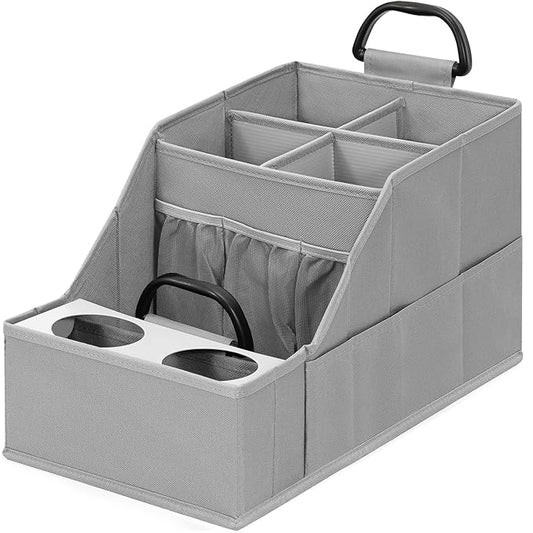 Easi Foldable Car Seat Organizer With 12 Storage Compartments 2 Metal Cup Holders, 1 Pack Back Seat Car Organizer For Car Accessories, Front Seat organizer For SUV Truck Van Sedans, Gy