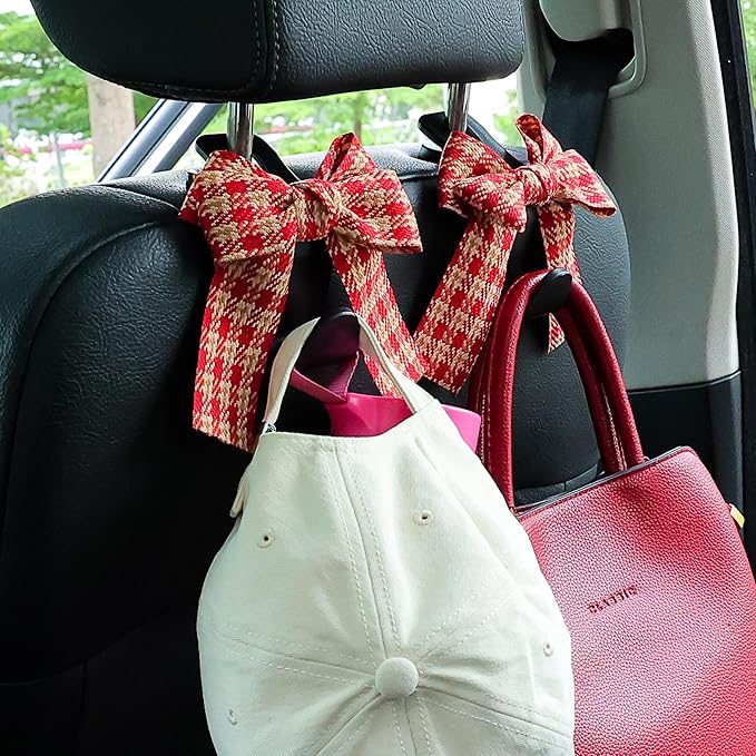 Amooca Car Seat Headrest Hook Cute Bowknot Vehicle Hanger Car Storage Organizer for Handbag Purse Coat Grocery Bag Black Red Plaid
