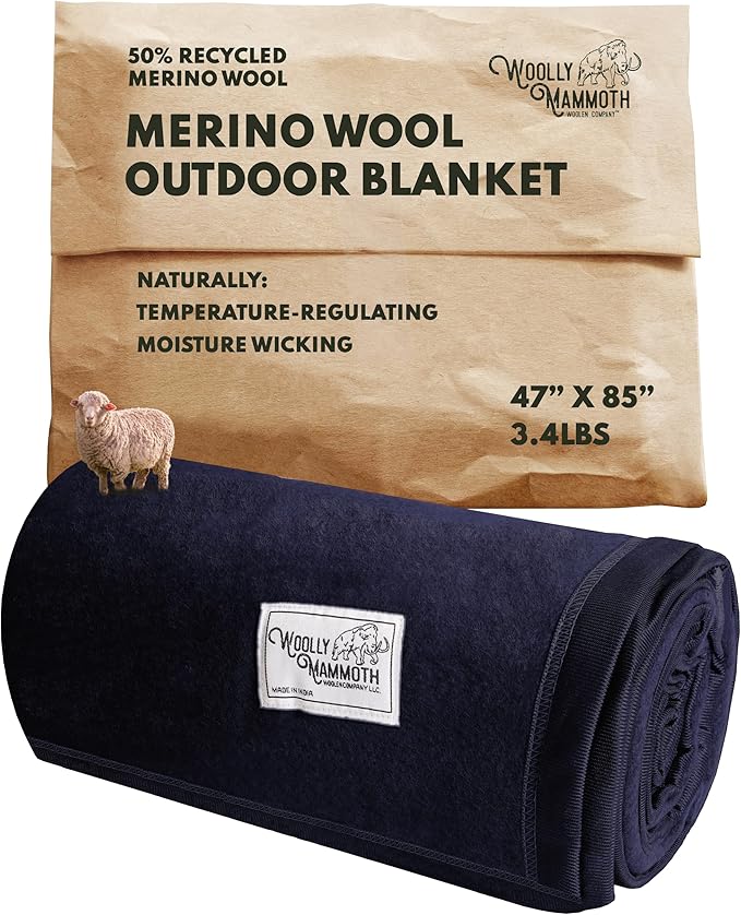 Woolly Mammoth Woolen Company Merino Wool Blanket - 50% Wool - Machine Washable Throw - Thermal Insulation for Camping & Survival Gear - Travel Blanket for Camper Vans & Car Kit (85" x 47" Juniper)