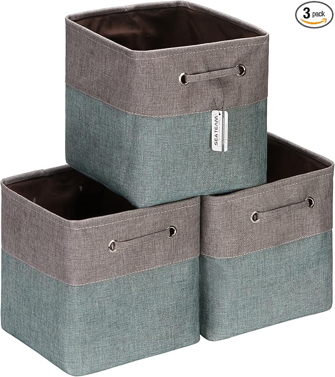 Sea Team 3-Pack Cubic Storage Basket Set, Storage Cube Organizer, Clothes Toys Bin, 11 x 11 x 11 Inches, Big Square Canvas Fabric Collapsible Shelf Box with Handles for Kids Room (Grey/Stone Blue)
