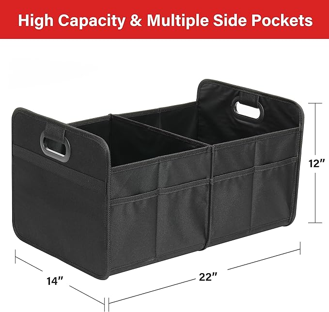 Simple Deluxe Car Trunk Organizer, 2 Compartments Anti-slip Design Collapsible Trunk Storage, Made of Waterproof 600D Oxford Polyester, Suitable for SUV, Minivan, Truck, Black