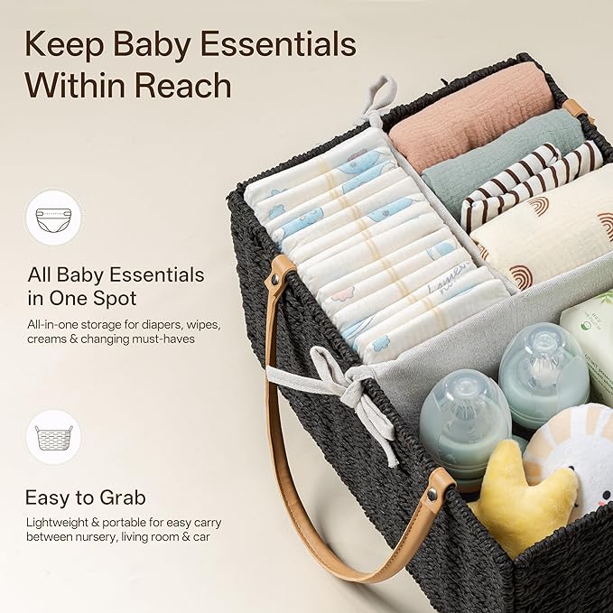 Angelhood Large Paper Rope Diaper Caddy, Baby Essentials Organizer, Portable Baby Shower Baskets Gift Bin, Car Storage Bag for Nursery