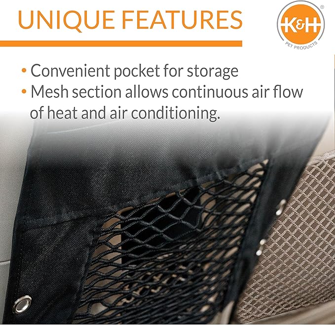 K&H Pet Products Dog Car Net, Pet Travel Safety Barrier, Auto Safety Organizer with Pocket & Mesh Vent Cover for Cars and SUV's, Car Divider for Safer Driving, Universal Bungee Cord Fit - 23 X 24in