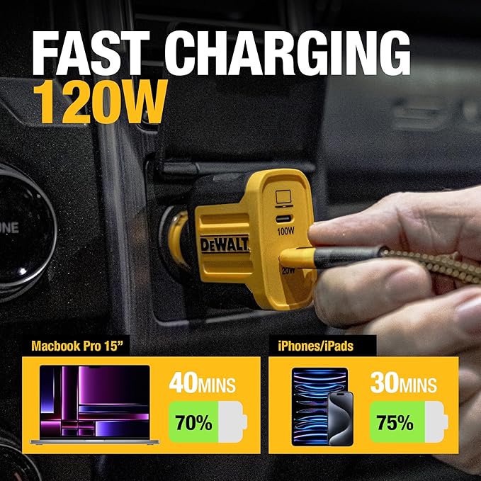 DEWALT Heavy Duty USB C Car Charger, 120W 2-Port PD 3.0 Type C Adapter, PPS Fast Charging w/Power Delivery for iPhone 17 16 15 14 13 Pro Max Mini Galaxy S22/S20/S10 Pixel iPad/iPad mini