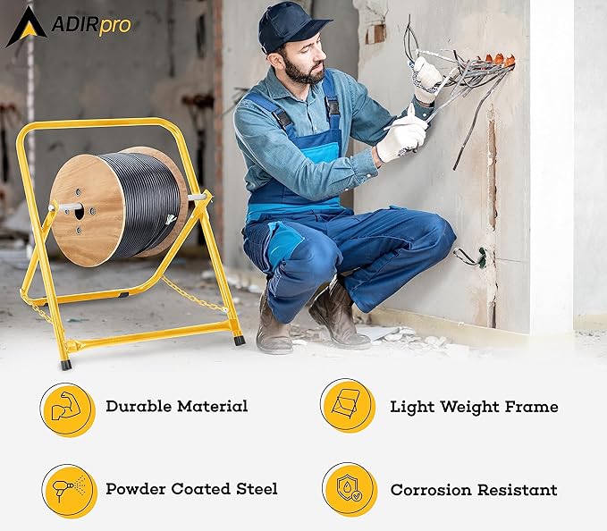 AdirPro Single Axle Cable Reel Caddy | Industrial Steel Wire Dispenser with Adjustable Spindle | Holds Reels Up to 20 in Diameter & 100 lb | Portable Design | Yellow