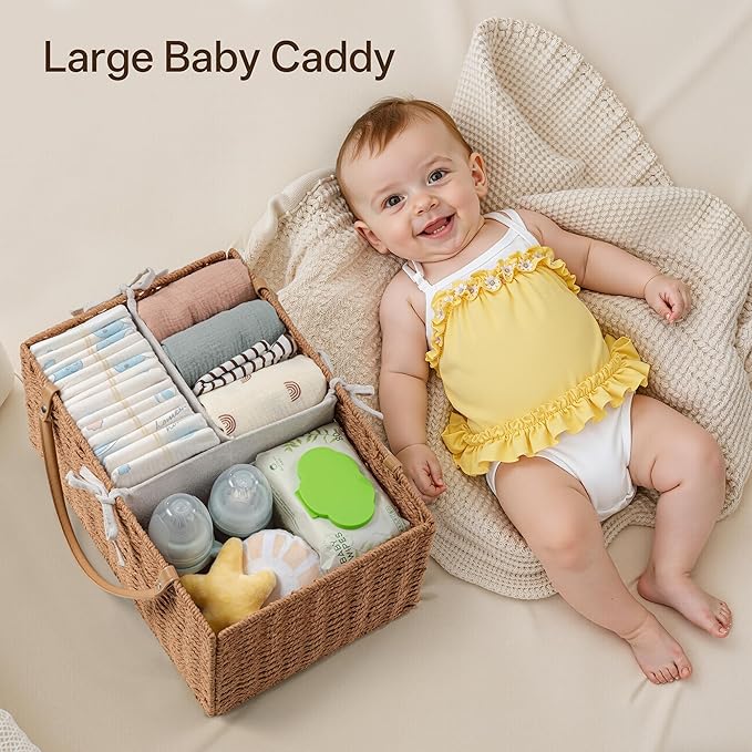 Angelhood Paper Rope Diaper Caddy, Baby Essentials Organizer, Portable Baby Shower Baskets Gift Bin, Car Storage Bag for Nursery