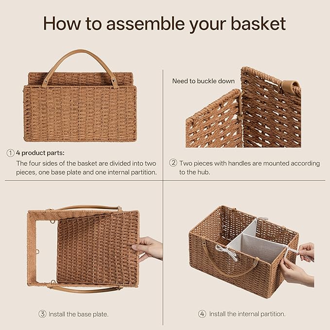 Angelhood Large Paper Rope Diaper Caddy, Baby Essentials Organizer, Portable Baby Shower Baskets Gift Bin, Car Storage Bag for Nursery