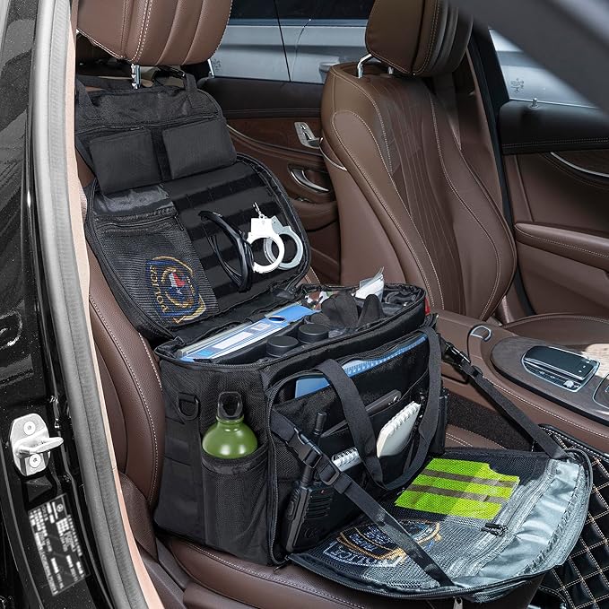 Patrol Bag Law Enforcement, Police Gear Bag Car Front Seat Organizer for Police with Laptop Layer and Cup Holders, MOLLE System, Fits Vehicle Passenger Seat Black